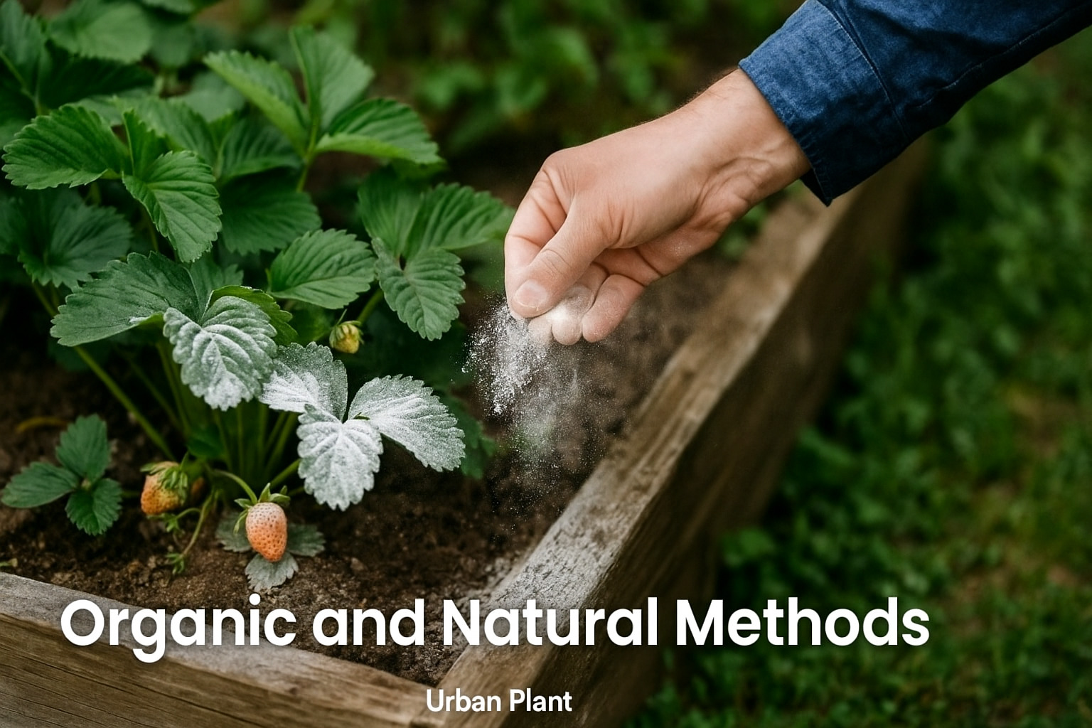 Organic and natural gardening methods for hot gardening trends by Urban Plant, showing a gardener applying natural pest control powder on strawberry plants in a raised bed